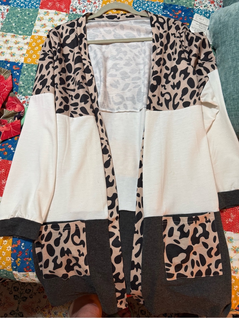 Open-Front Leopard Print Colorblock Cardigan - Beige/Black